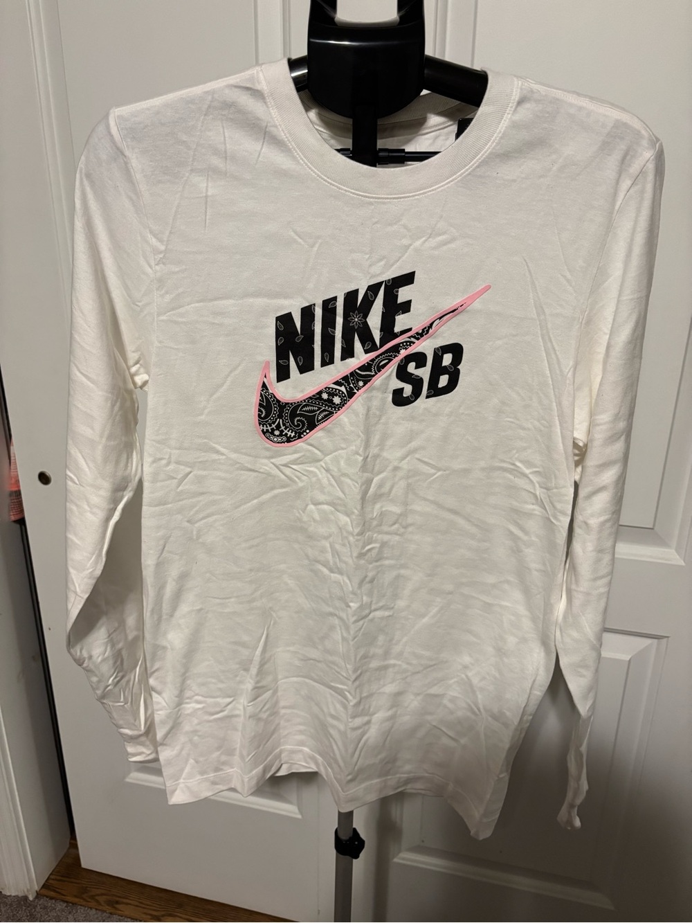 Nike White Long Sleeve Tee with Pink Paisley Swoosh